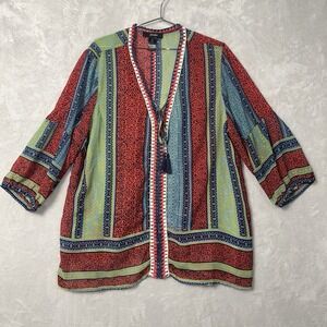 Ali Miles Red Blue Green Striped Tassel Tunic
